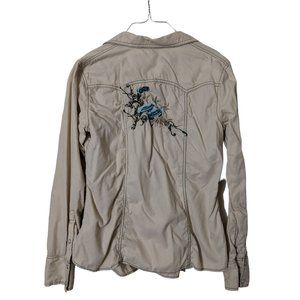 GAP Beige Button Down Shirt with Blue Embroidery